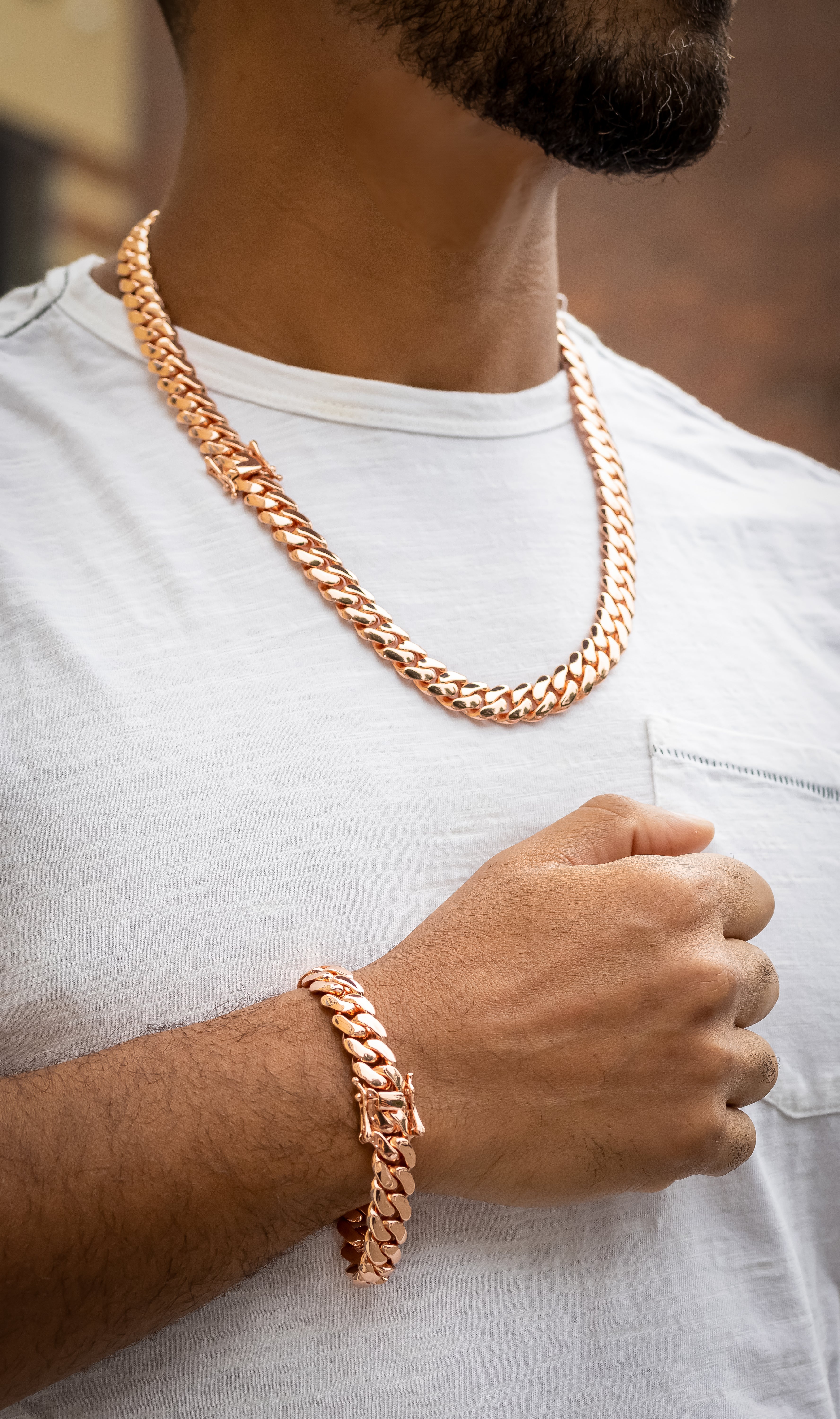 12mm Rose gold cuban link & bracelet set -unisex